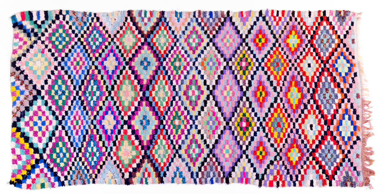 tapis boucherouite vintage, multicolore, rose, agence Parade